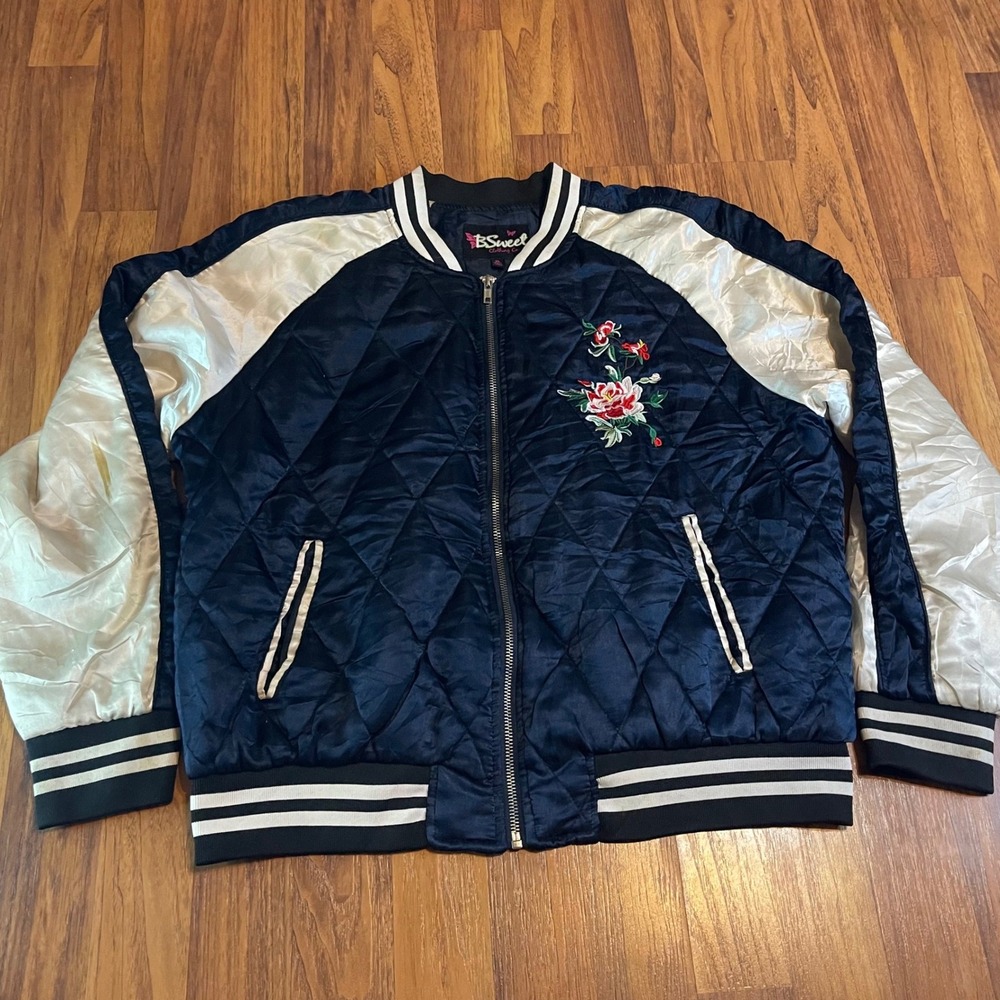 BSweet Floral Embroidered Quilted Bomber Jacket Womens XL Navy Sukajan Raglan